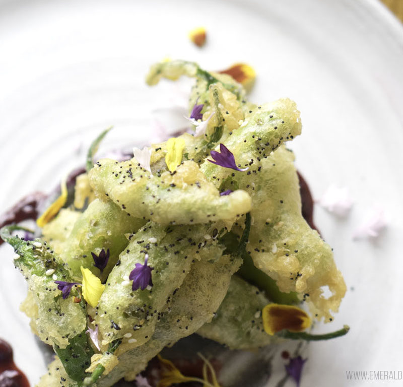 mound of tempura snow peas from a fancy Fremont restaurant