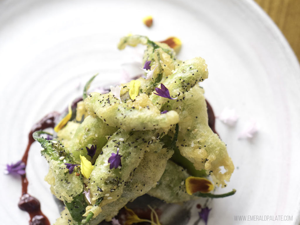 mound of tempura snow peas from a fancy Fremont restaurant