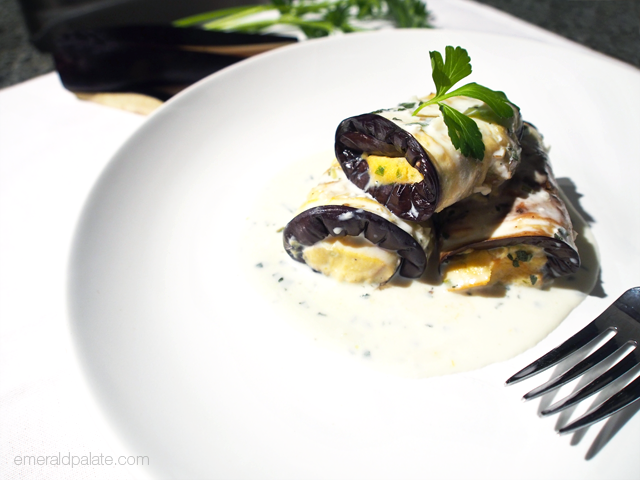 Skinny Eggplant Rollatini with Squash & Lemon-Sage Bechamel Sauce