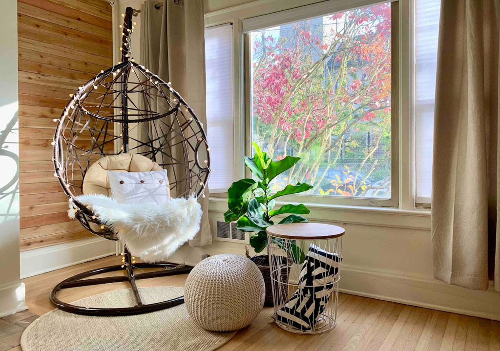 hanging egg chair at a romantic airbnb WA