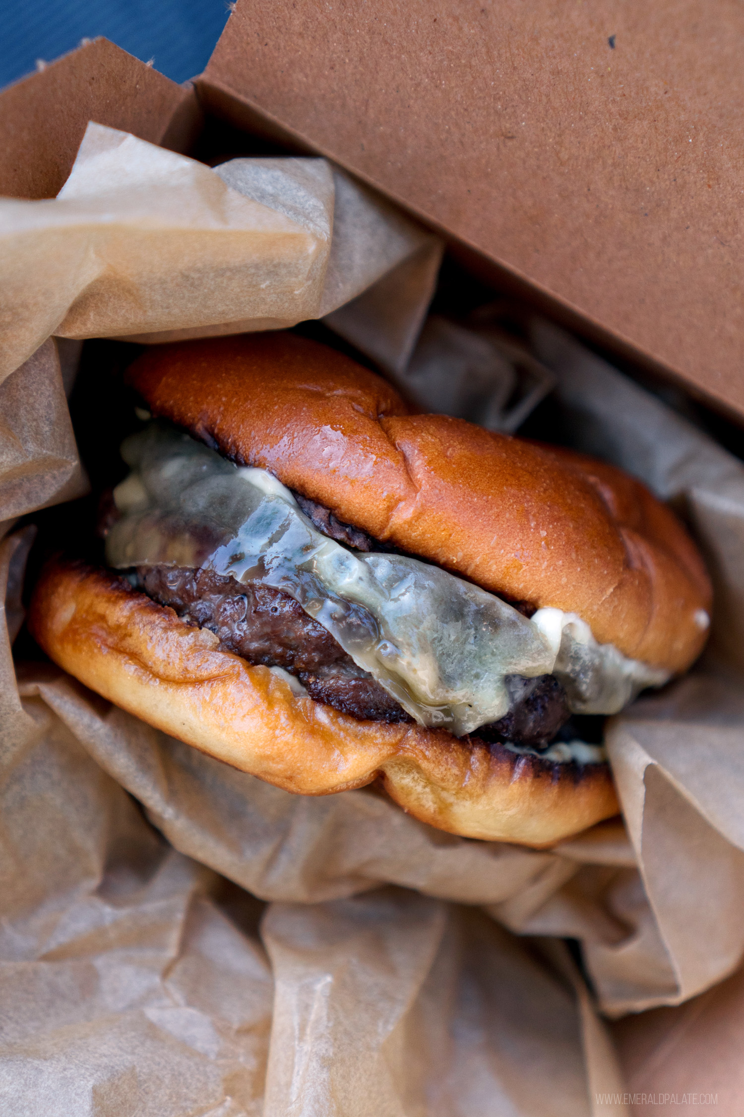 gourmet burger with caramelized onions in a takeout container