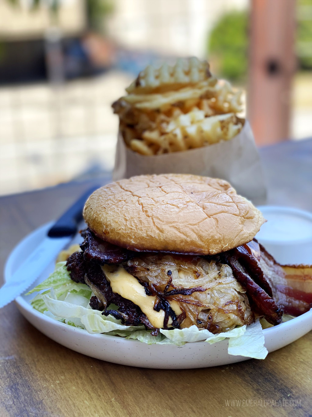 messy burger in Seattle with waffle fries