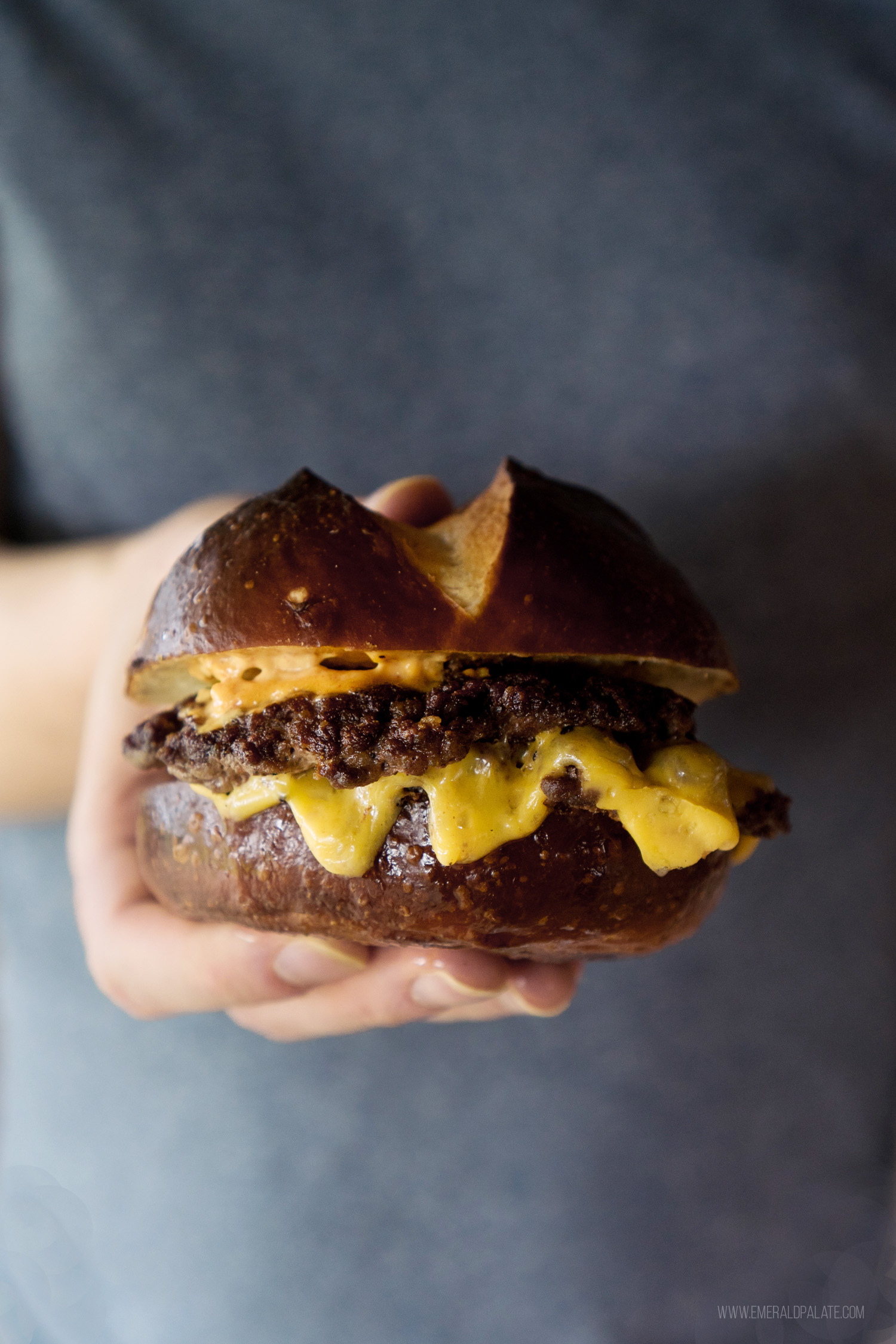 cheeseburger on a pretzel bun