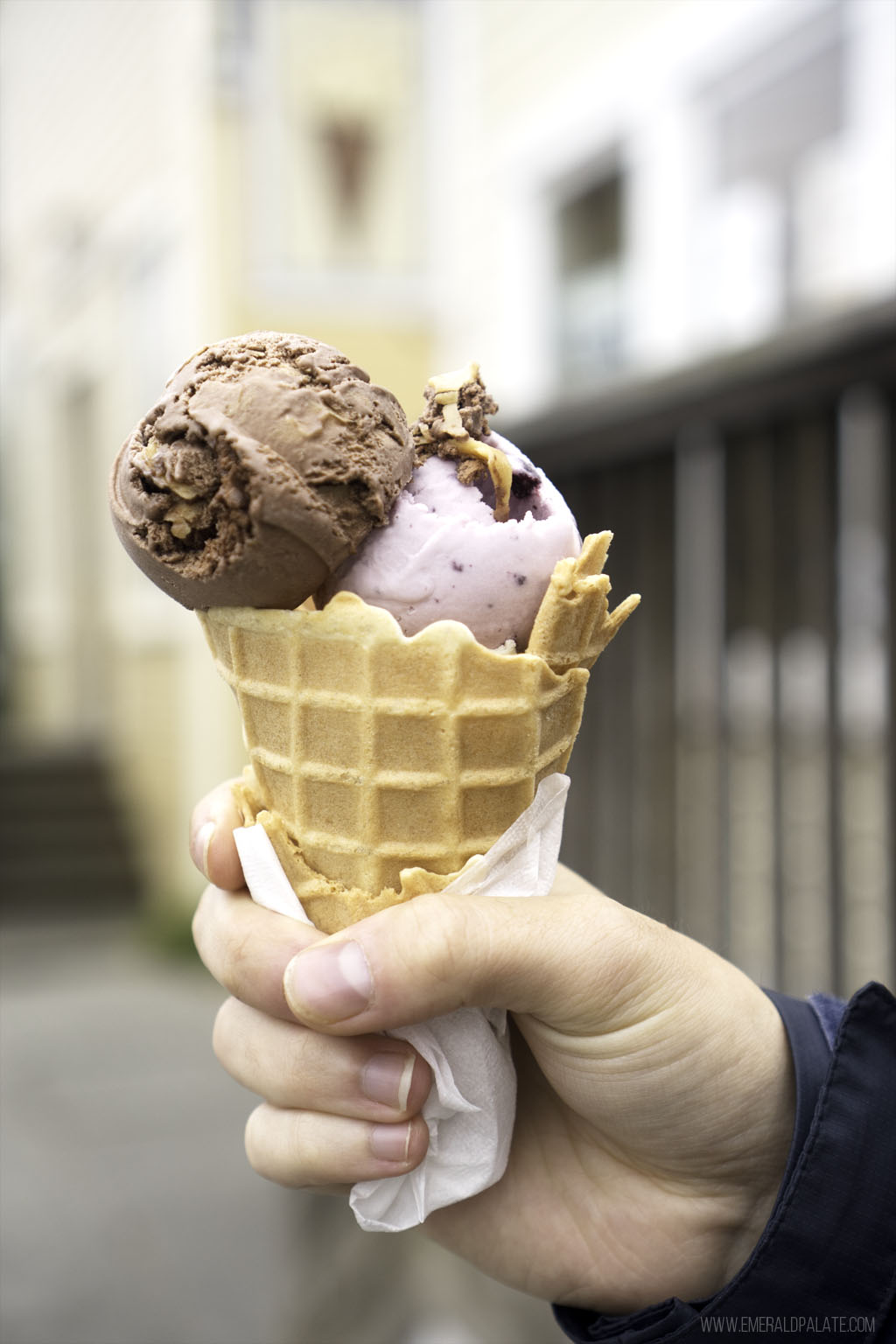 person holding ice cream in a waffle cone