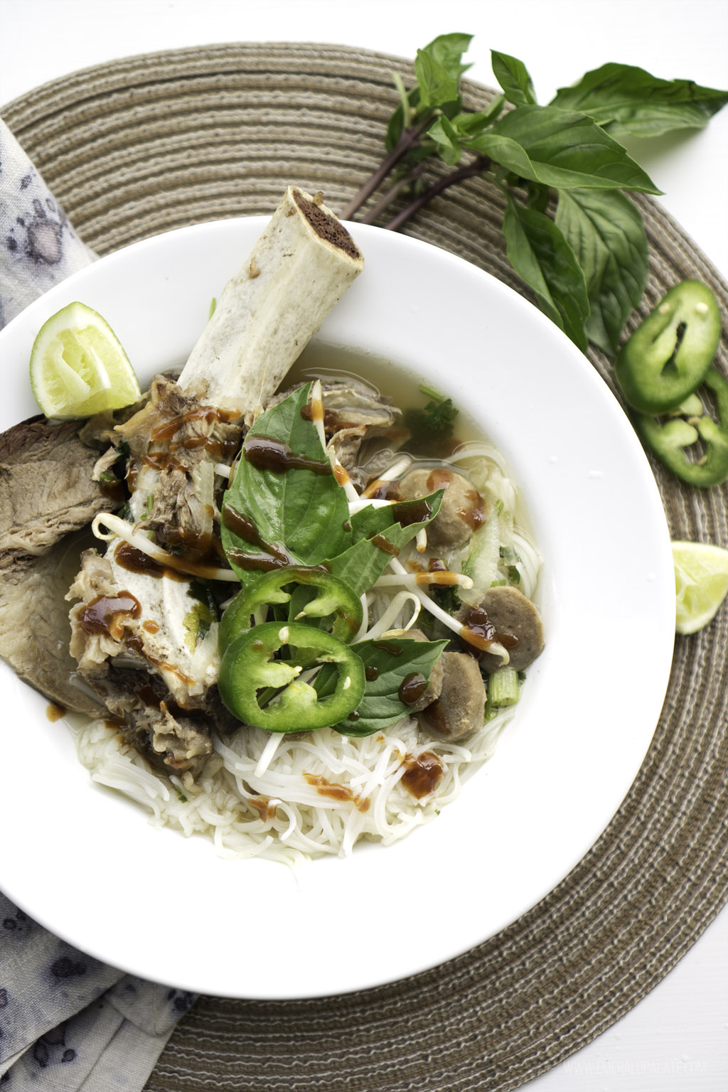 bowl of pho with a huge short rib bone