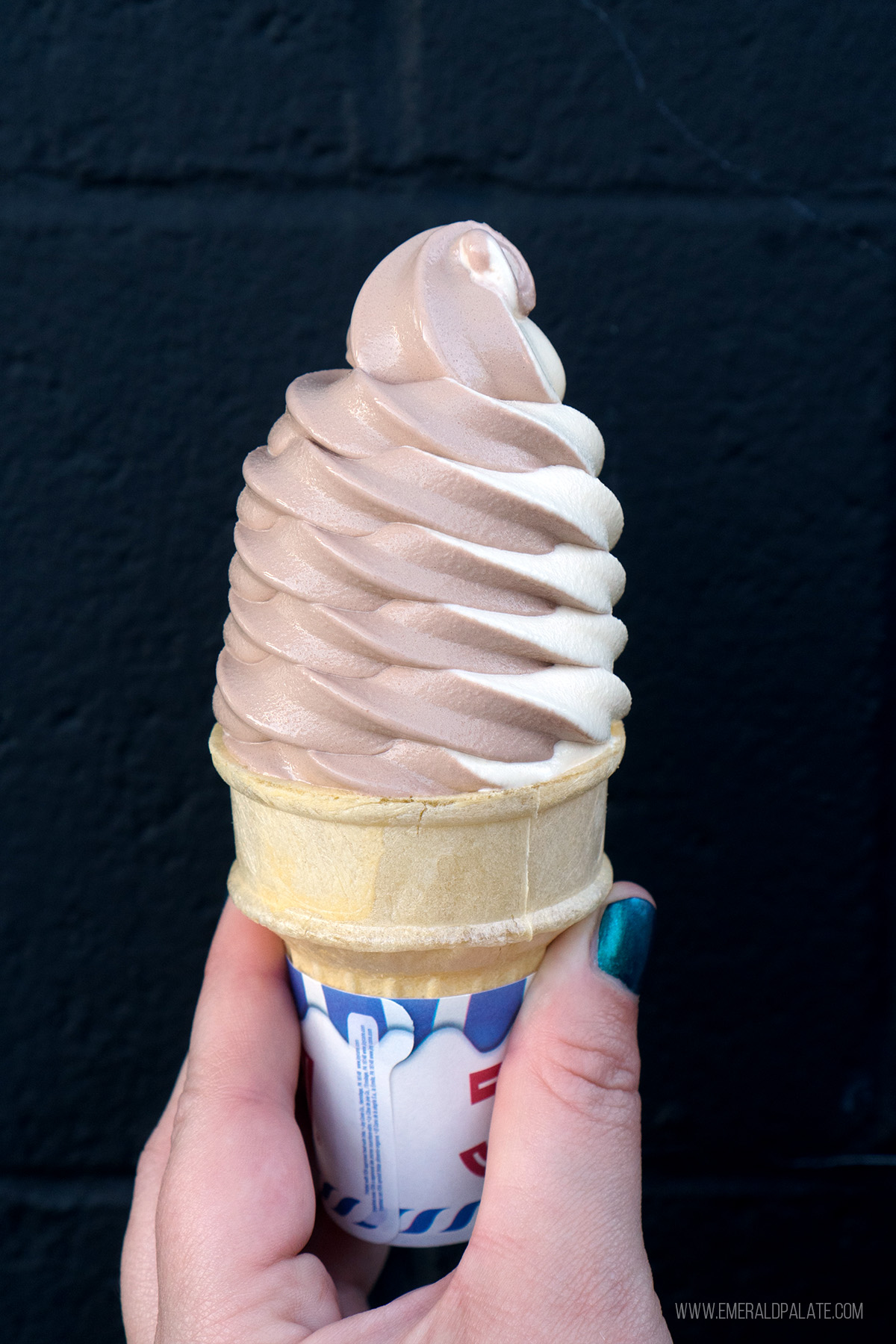 old school vanilla chocolate twist in a cake cone from one of the best places for ice cream in Seattle