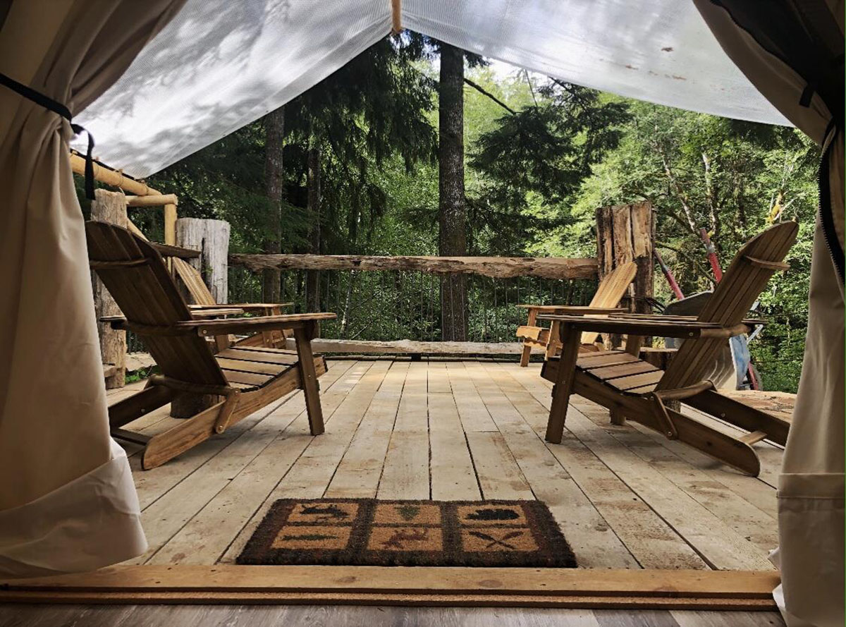 view from inside a safari glamping tent in Washington state