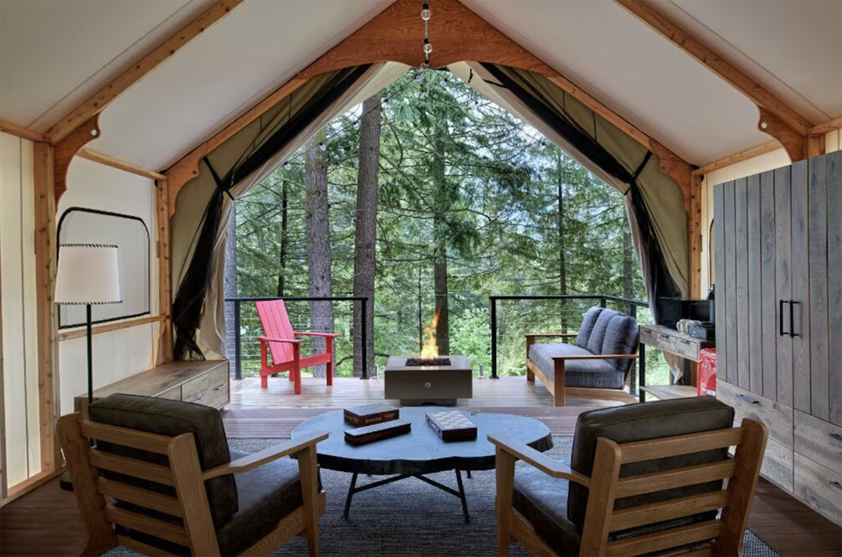 glamping tent overlooking the woods