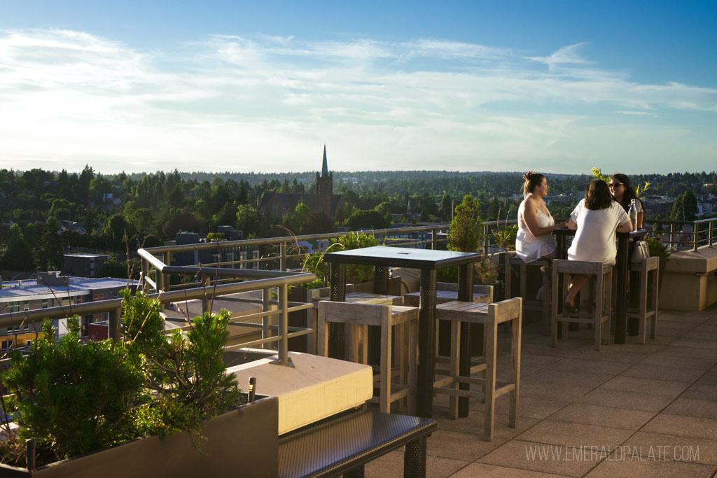 people talking on one of Seattle's best rooftop bars