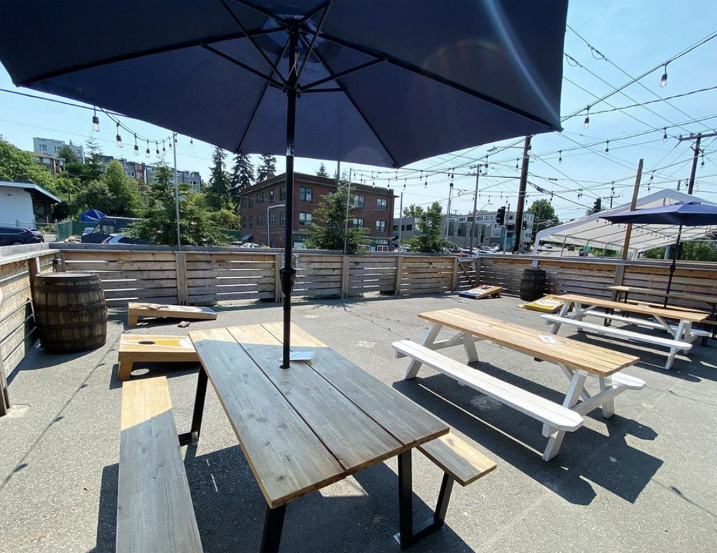 picnic tables with umbrellas at a rooftop brewery in Seattle