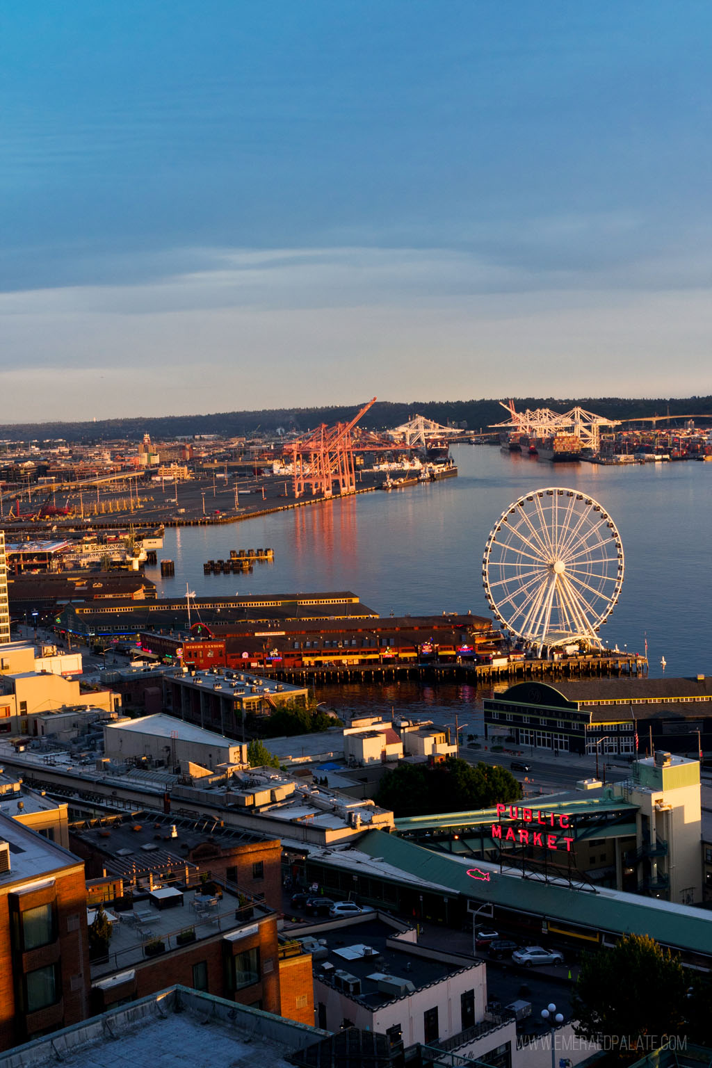 Pike Place Market and the Seattle waterfront from above