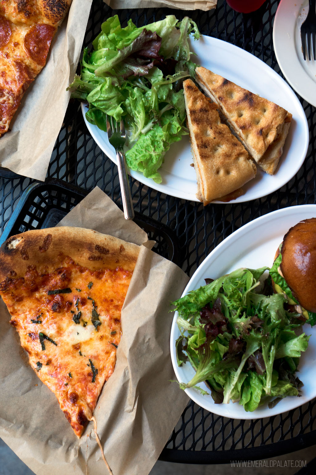 pizza and salad from a restaurant in 5th Street Public Market in Eugene