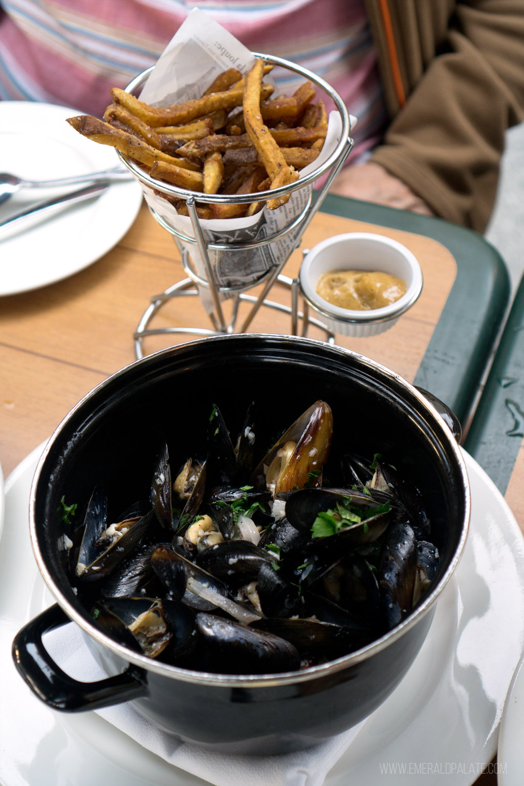 mussels and frites from a rooftop patio with views in Seattle