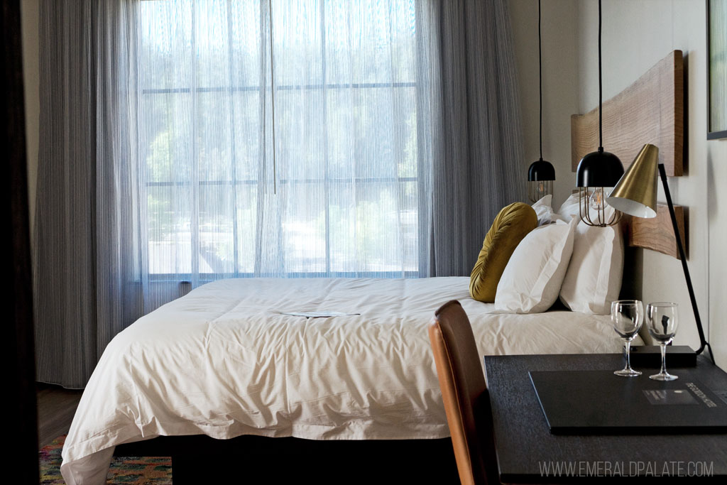 hotel bed at a boutique hotel in Eugene, Oregon