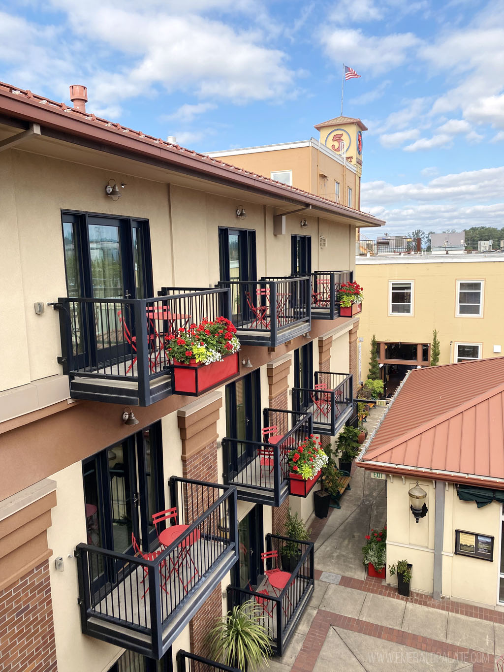 balcony with flower planters on them at a Eugene hotel