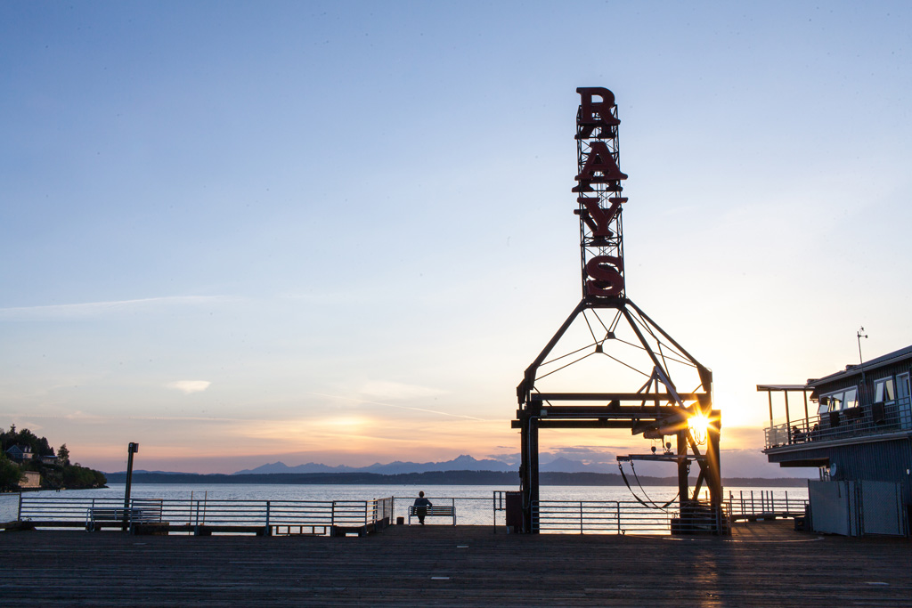 View of Ray's Boathouse at sunset, a great place to eat in Seattle with views