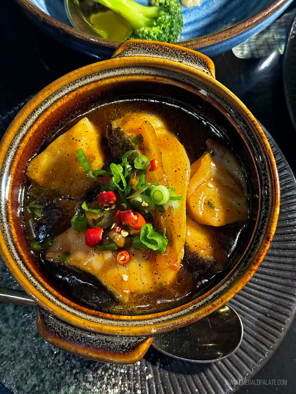 black cod clay pot dish at a Vietnamese restaurant in Seattle