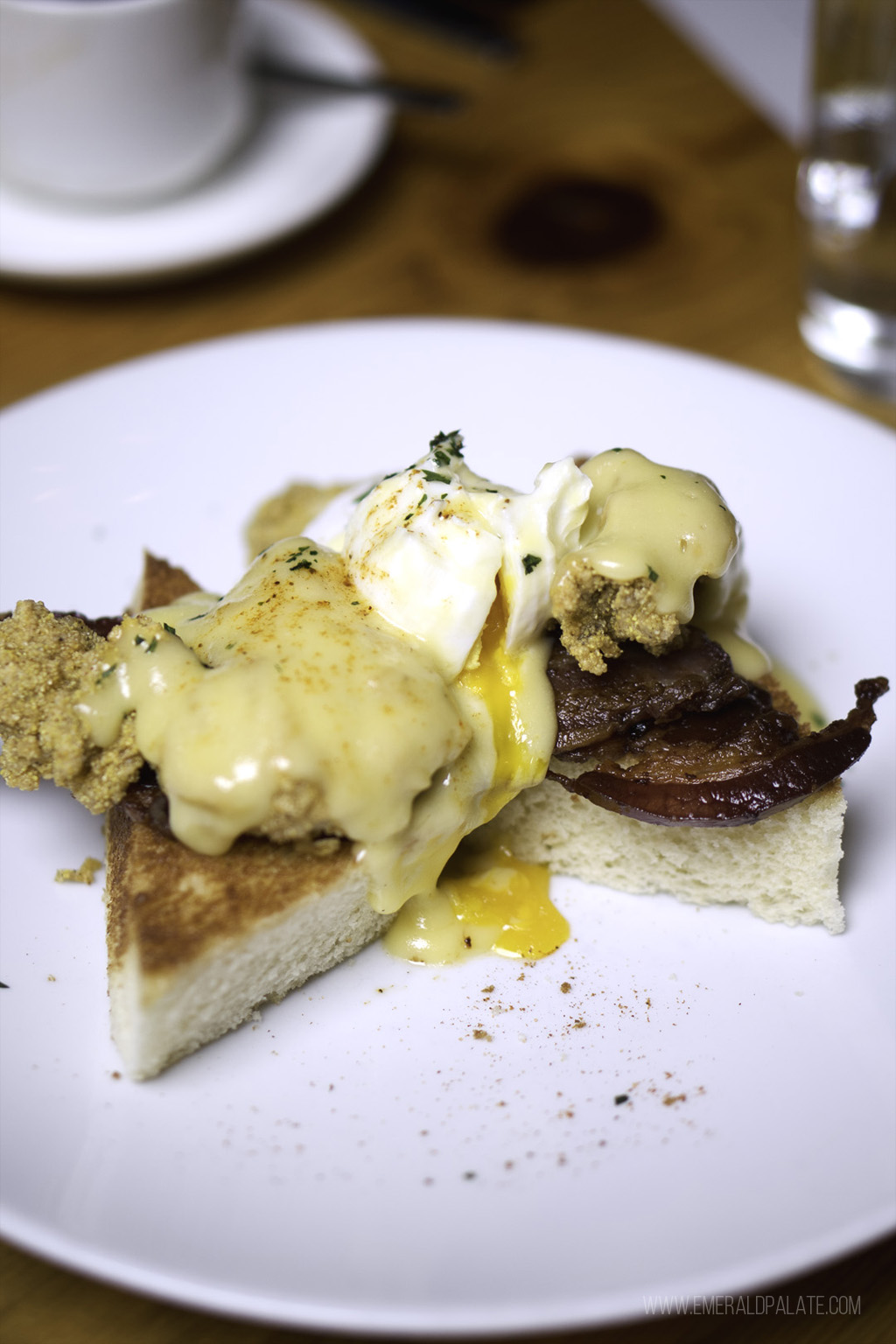 bacon and fried oysters eggs Benedict 