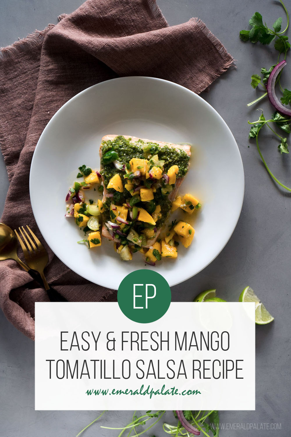 This mango tomatillo salsa recipe is fresh, healthy, and summery no matter the time of year. Tomatillo and mango salsa goes perfectly over fatty fish like Arctic char, salmon, or steelhead because the high acid cuts the fat and makes it feel light. If you're looking for a fish with salsa recipe, make it this! It's a fun spin on tomatillo salsa you likely haven't seen before.