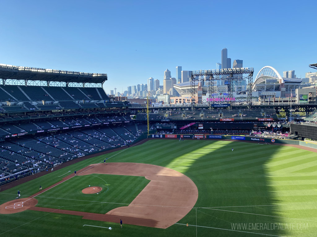 view of the Mariners baseball stadium with Seattle skyline in the background