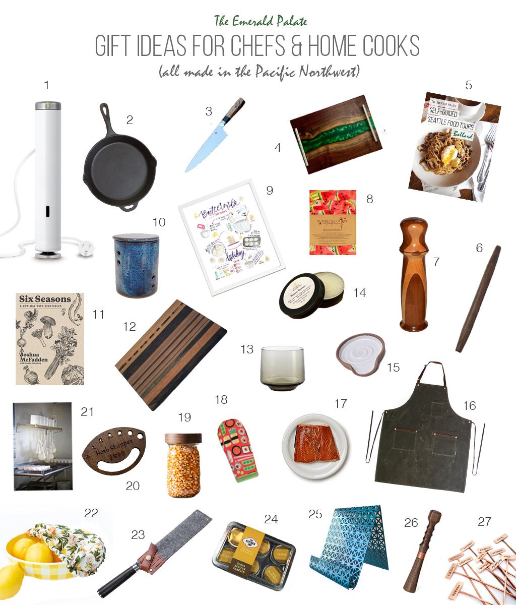 gift guide of the best gifts for chefs and home goods, all made in the Pacific Northwest. Find aprons, kitchen utensils, and more.