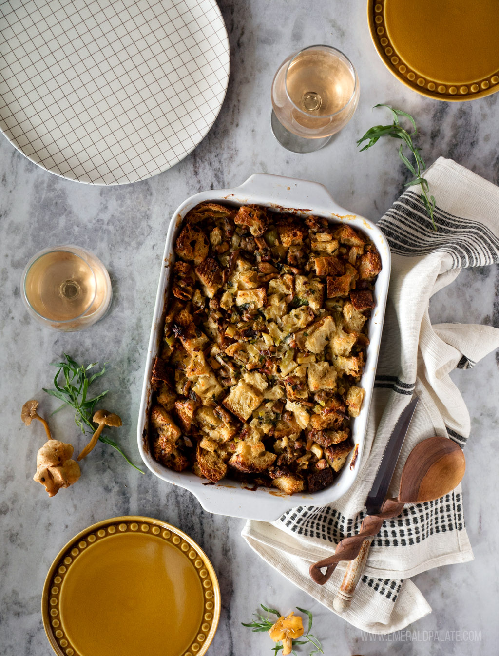 flat lay of sourdough sausage stuffing on Thanksgiving table