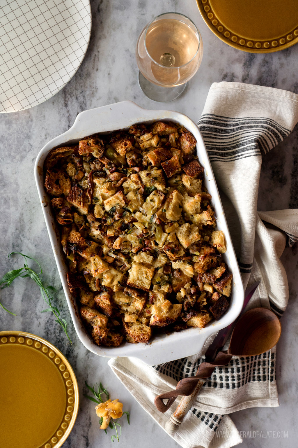 baked dish of Thanksgiving stuffing with sausage