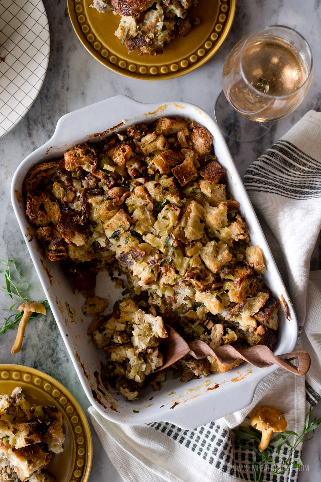 baked dish of Thanksgiving stuffing with sausage