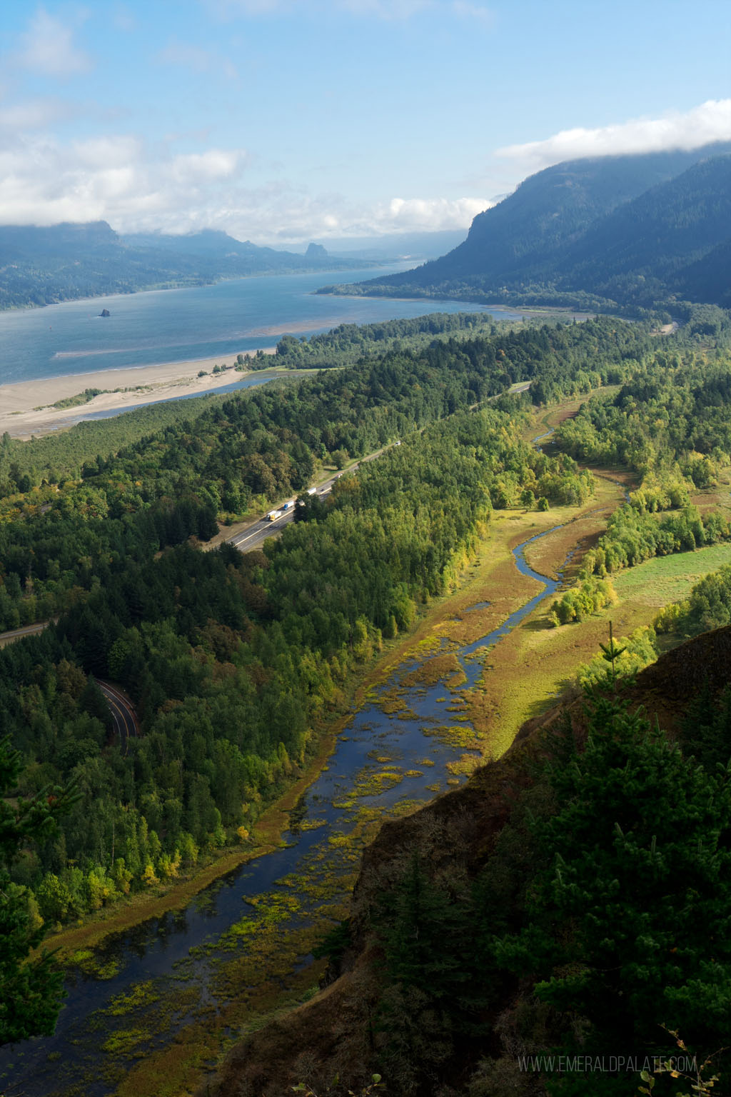 sun shining on the Columbia River and Columbia Gorge landscape