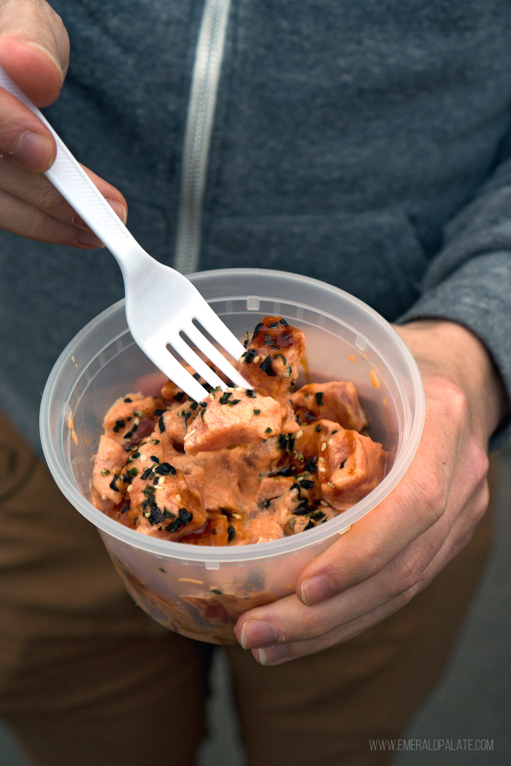 person picking up poke out of a takeout container