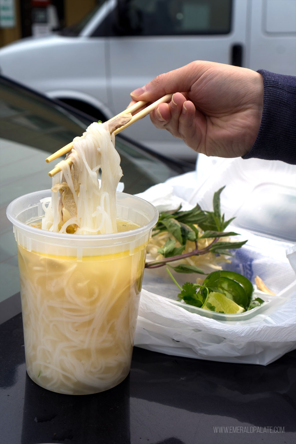 person picking up noodles out of container of pho in Portland