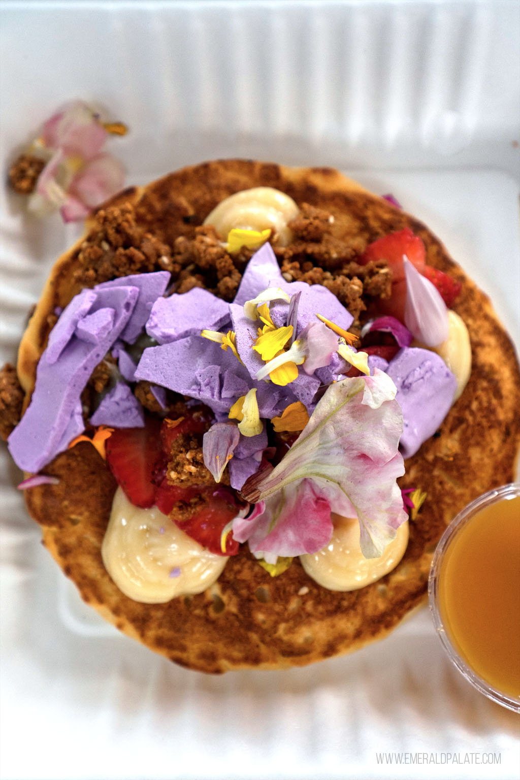ricotta pancakes with ube meringue and flowers