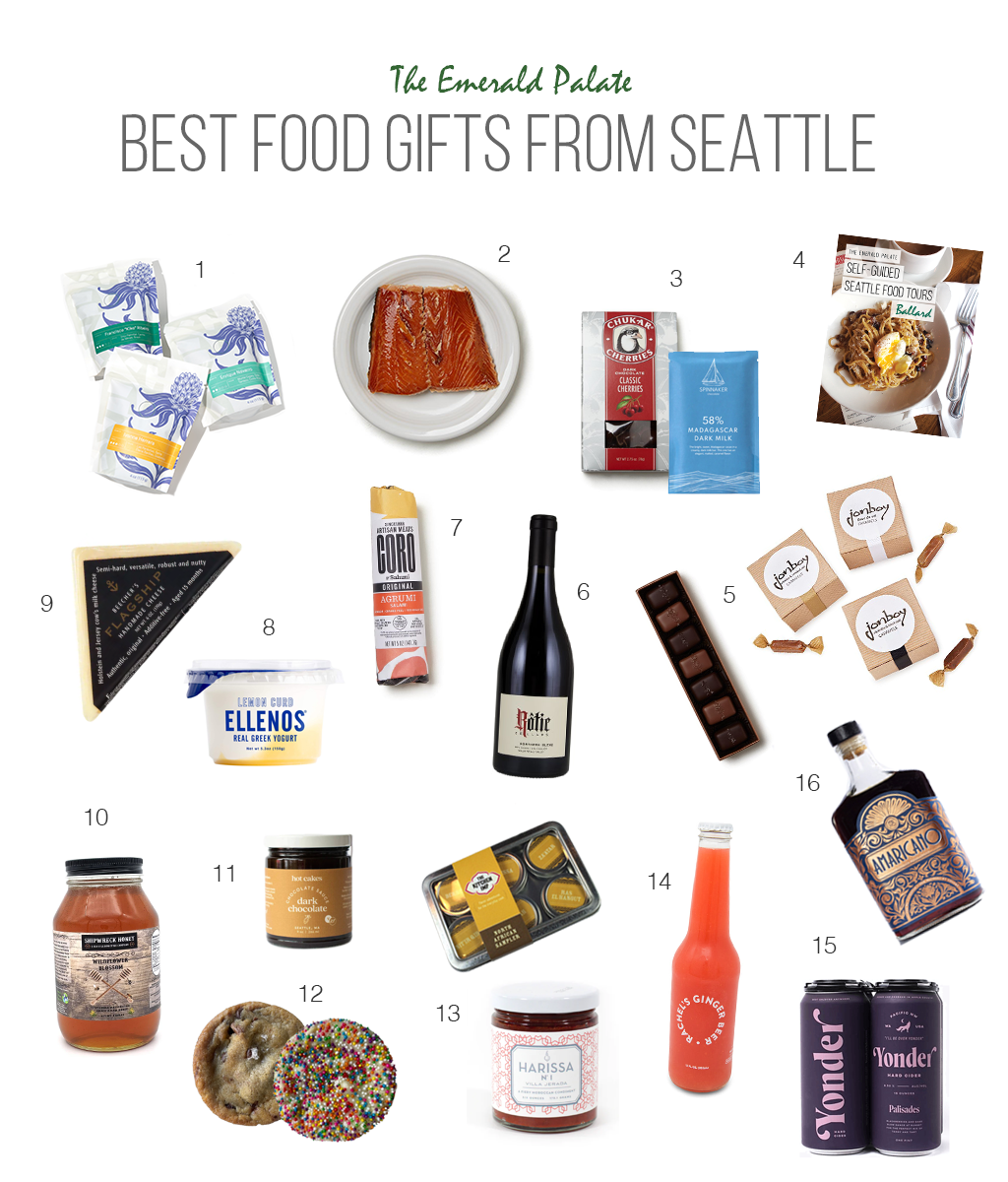 gift guide featuring the best food gifts from Seattle, like coffee, chocolate, salmon, beer, and more.