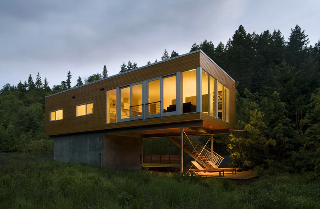 midcentury modern cabin on stilts