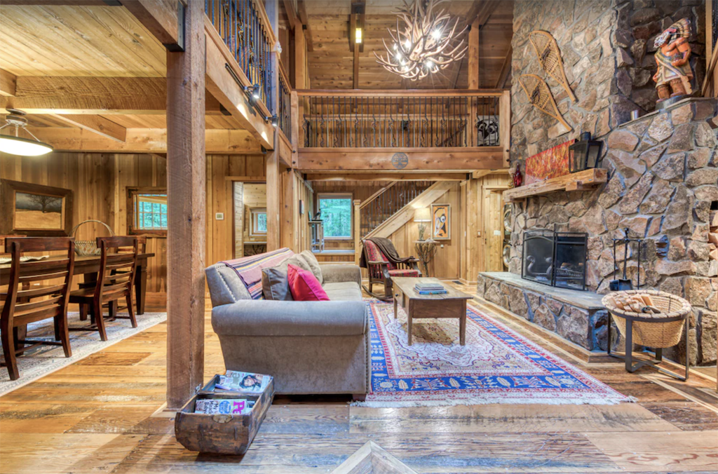 inside a two-story cabin, one of the best winter cabins in Oregon 
