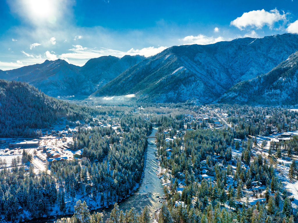 snowy mountain peaks from above in Leavenworth, WA in winter