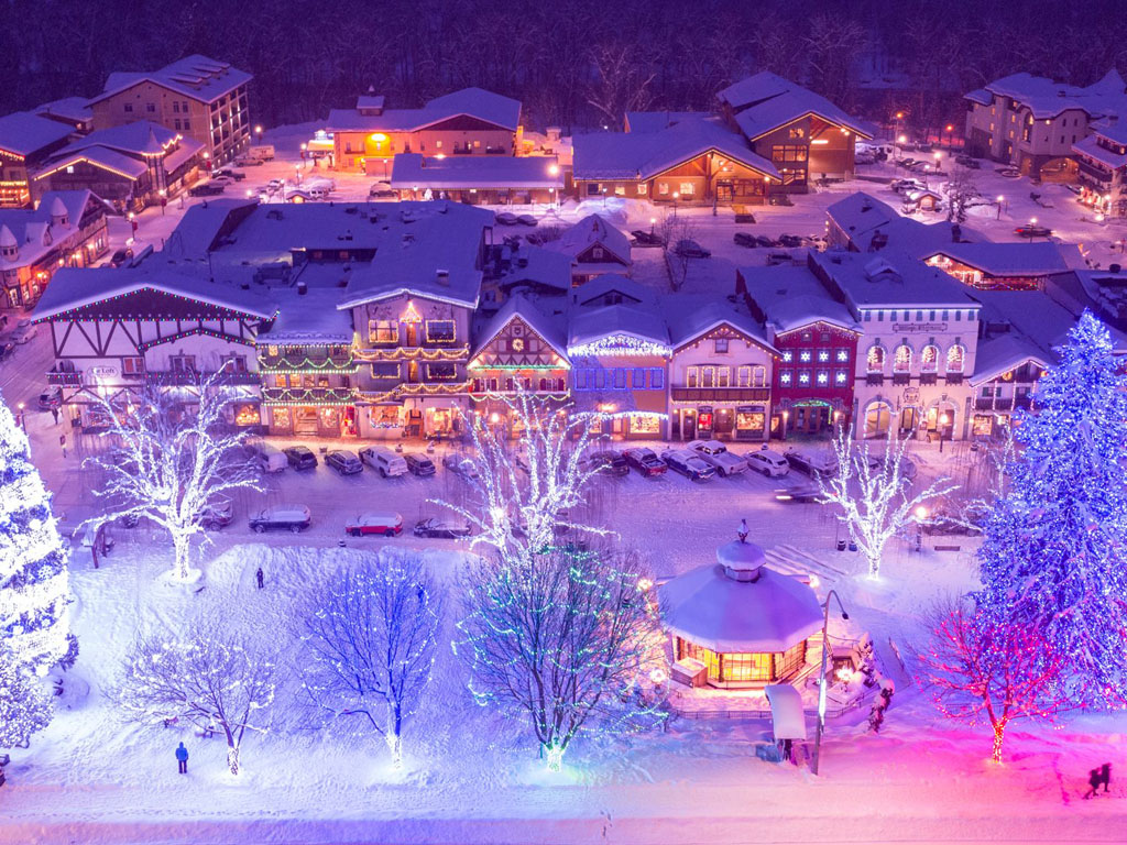 aerial view of downtown Leavenworth Christmas lights at night