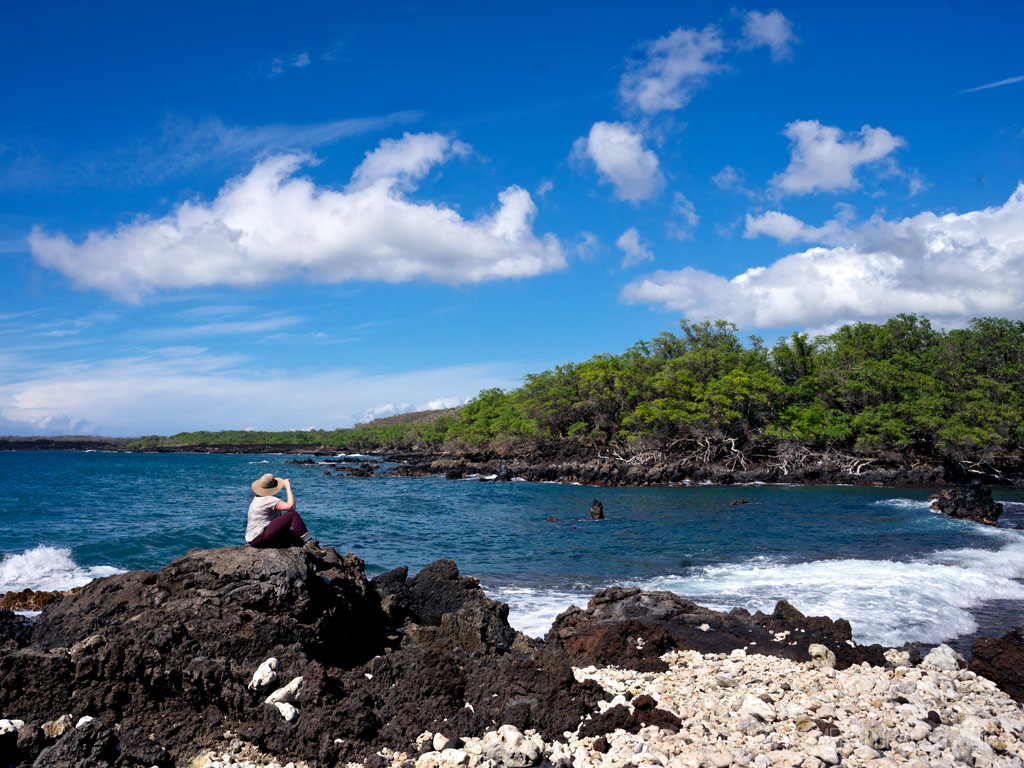 woman overlooking the water on a rocky shore, one of the best hikes on Maui