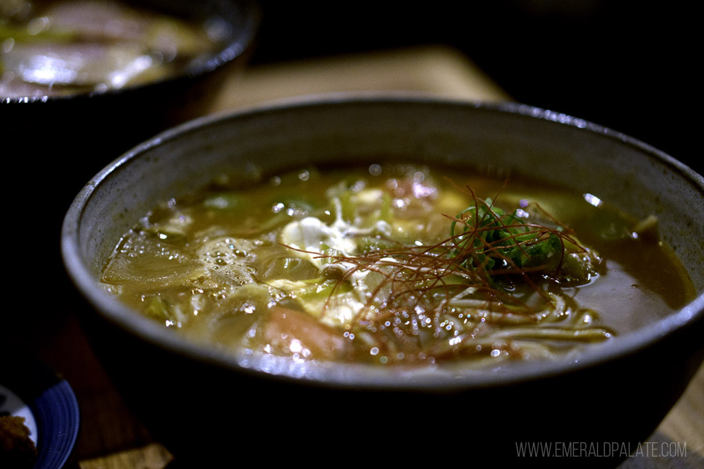 closeup of a bowl of Japanese soba noodles