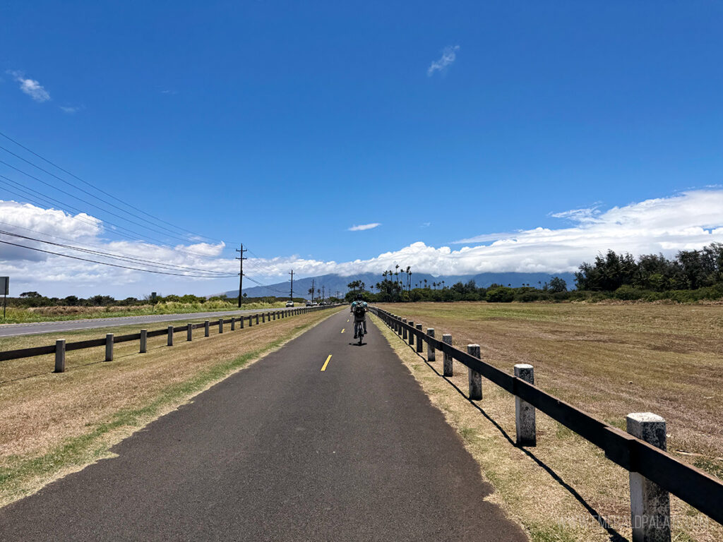 person biking on a paved bike path in Paia