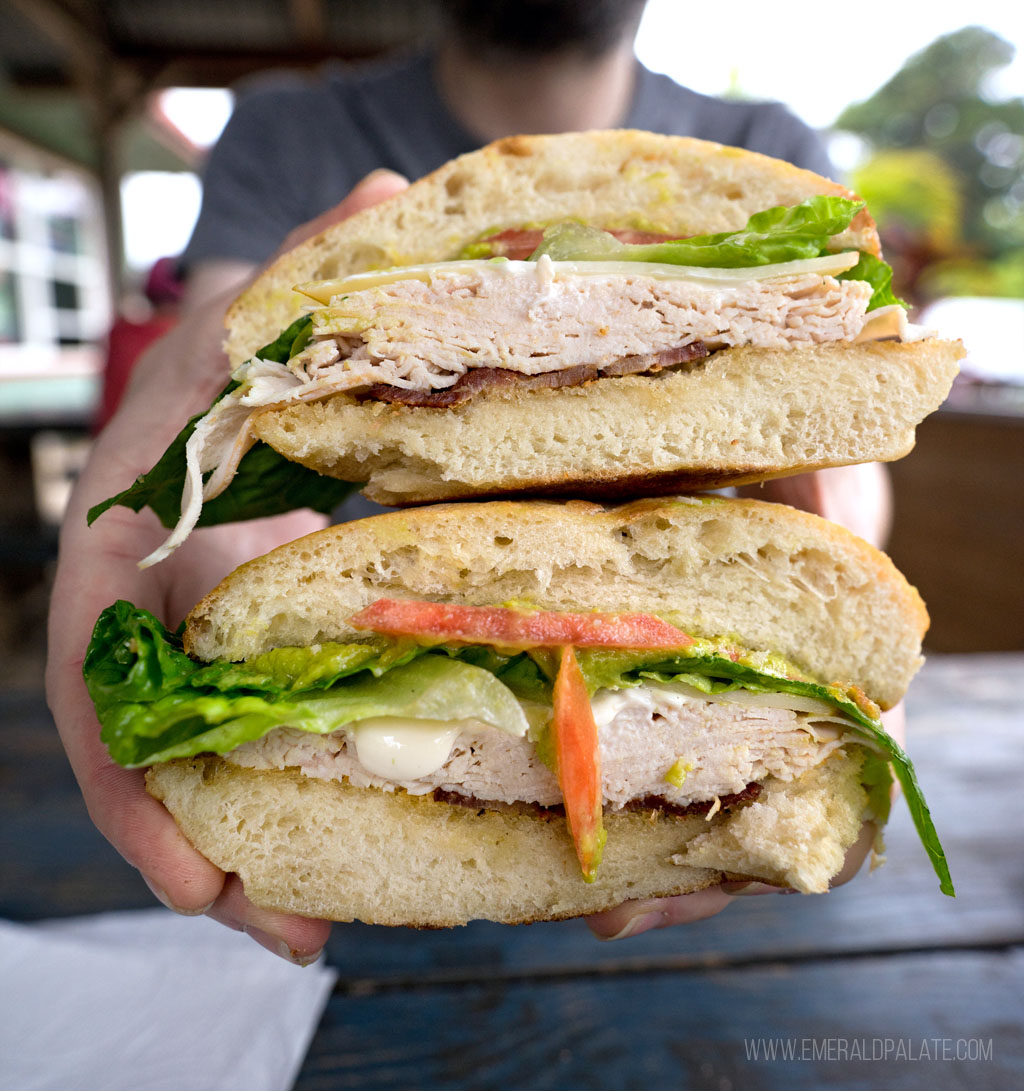 person holding stack of sandwich halves from Maui restaurant