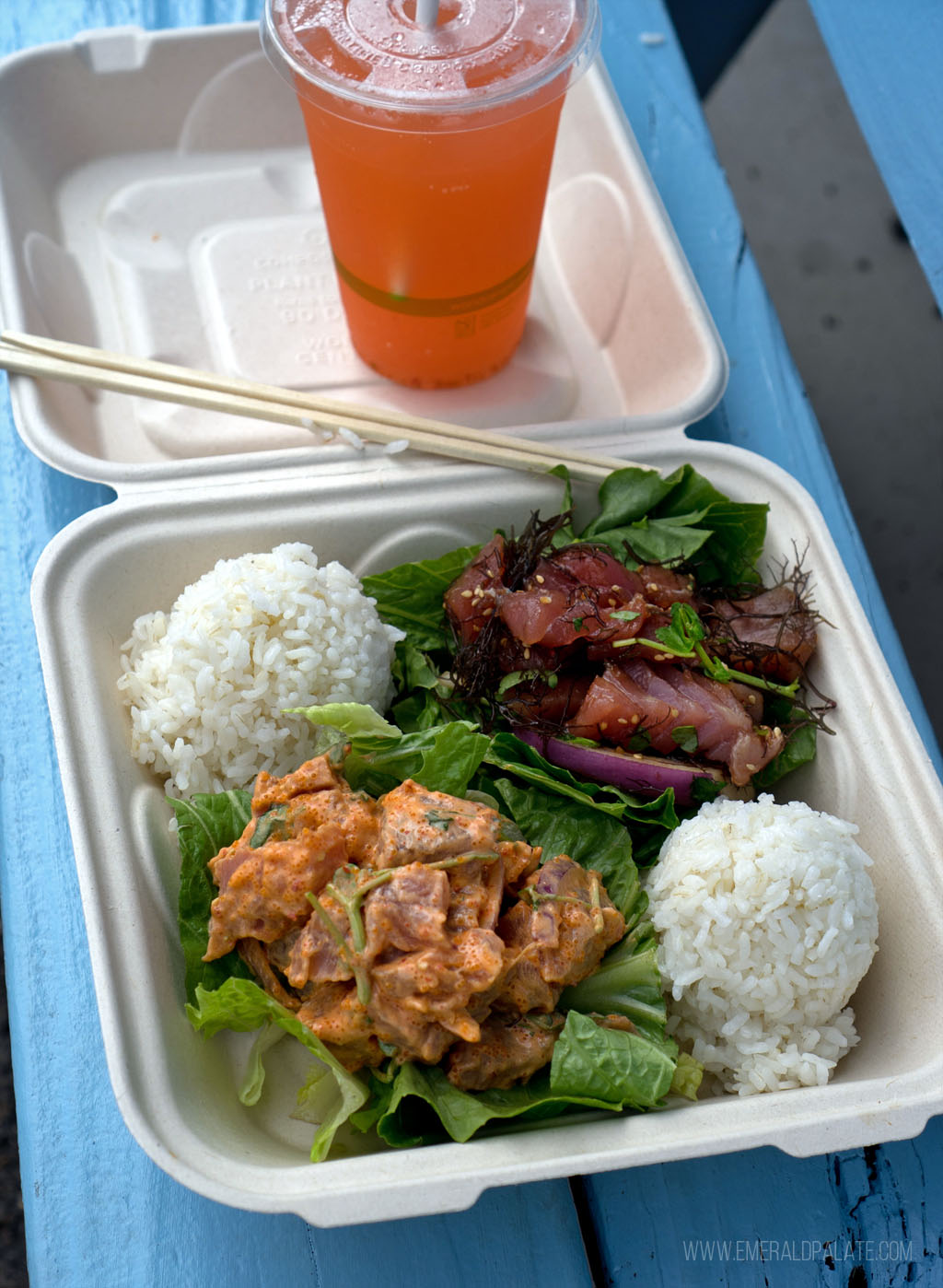 takeout container of poke and fresh juice from a spot where locals eat in Maui