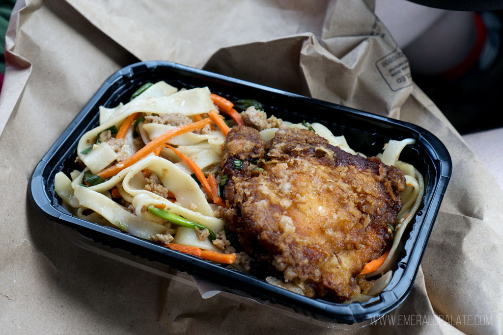 takeout container of Hawaiian food from where the locals eat on Maui