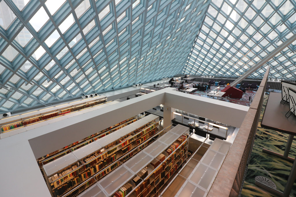 inside the Seattle Public Library, a great way to spend a day indoors in Seattle