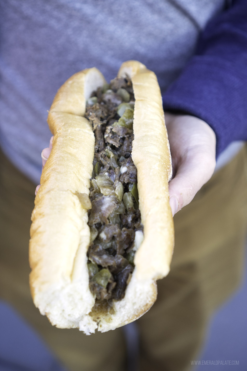 person holding cheesesteak sub