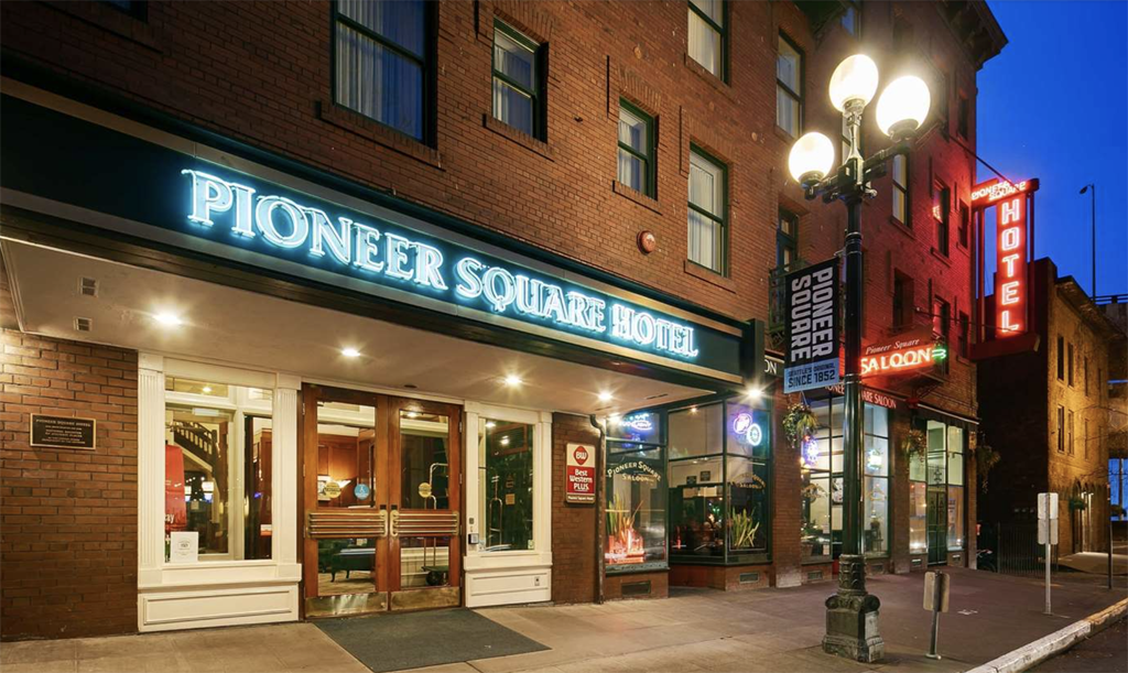 exterior of the Pioneer Square Hotel, an eco-friendly hotel in Seattle