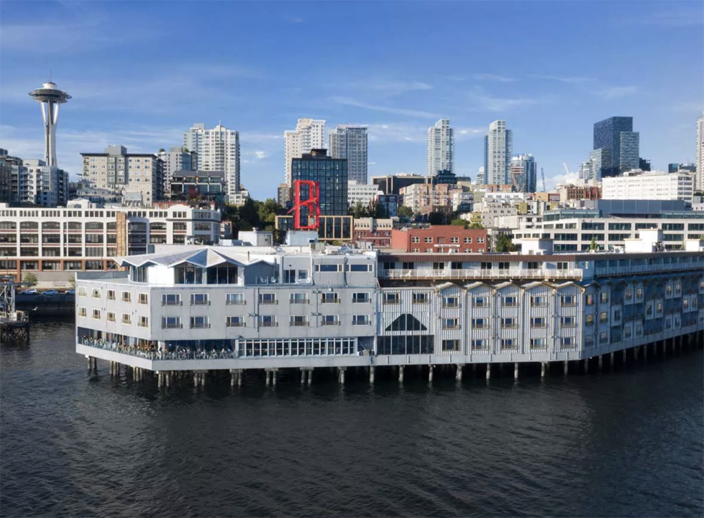 exterior aerial shot of The Edgewater Hotel, one of the best green hotels in Seattle on the waterfront