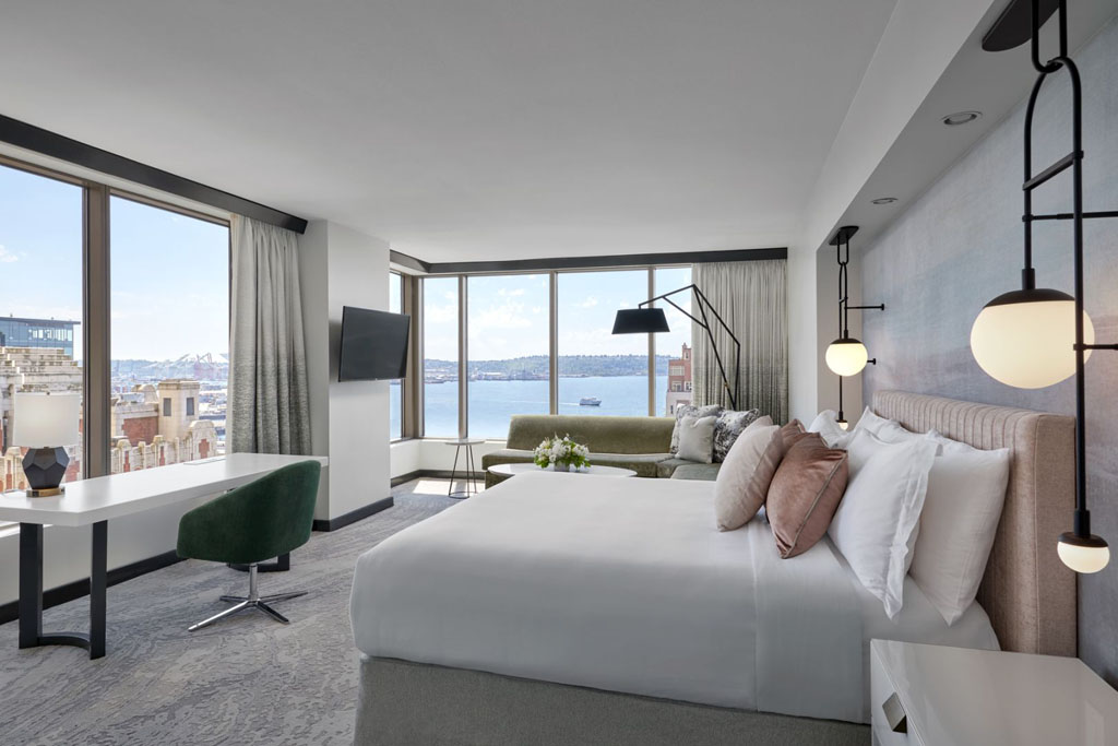 hotel room with big windows overlooking the water in Seattle