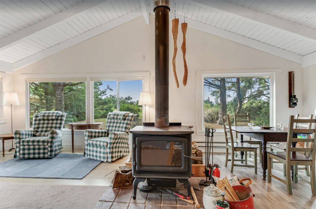 inside one of the best Washington coast cabins with a wood burning stove