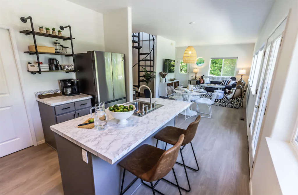 kitchen and living room in a modern cabin in WA